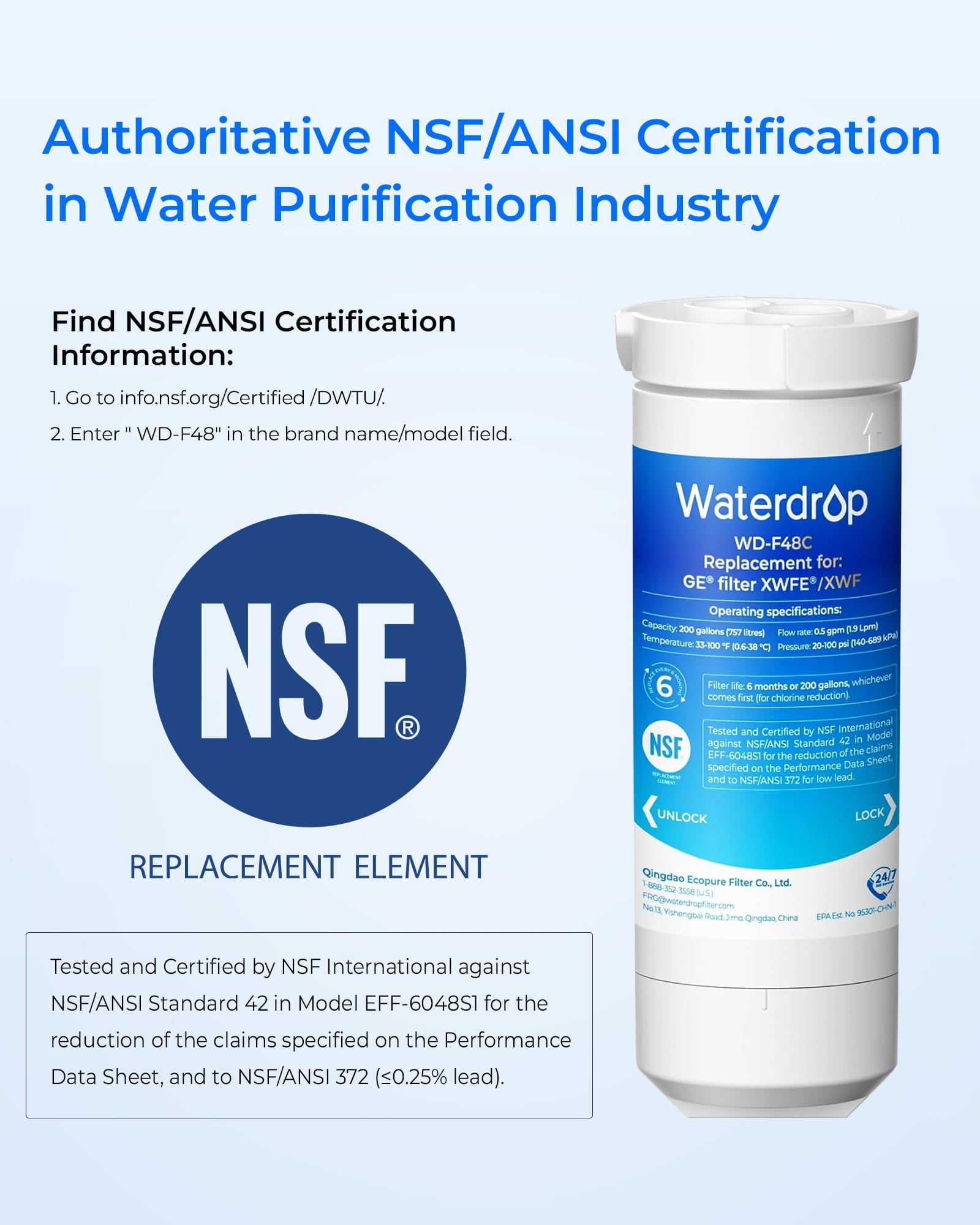 Waterdrop XWFE® Water Filter, Replacement for GE® XWFE®, Built-in Chip | Replacement for GE® XWF, Compatible with GNE27, GFE26, GDE25, GSS25 and PSE25 Series Refrigerators, NSF 42 & 372 Certified